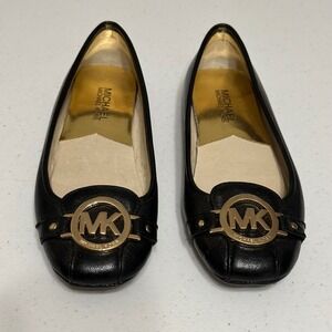 Michael Kors Black Fulton Leather Moccasin Ballet Flats Gold Logo Medallion 6M
